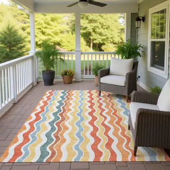 9' X 12' Coral Ivory And Gold Striped Washable Indoor Outdoor Area Rug