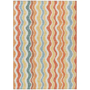 10' X 14' Coral Ivory And Gold Striped Washable Indoor Outdoor Area Rug