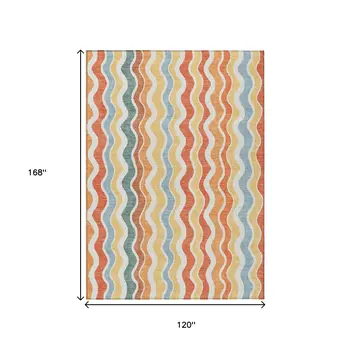 10' X 14' Coral Ivory And Gold Striped Washable Indoor Outdoor Area Rug