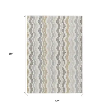 3' X 5' Ivory Khaki And Beige Striped Washable Indoor Outdoor Area Rug