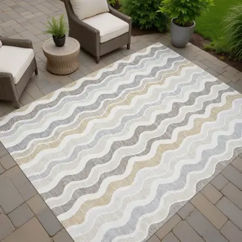 5' X 8' Ivory Khaki And Beige Striped Washable Indoor Outdoor Area Rug