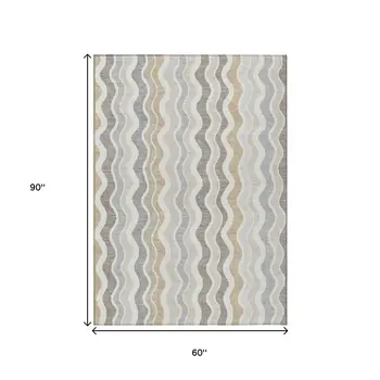 5' X 8' Ivory Khaki And Beige Striped Washable Indoor Outdoor Area Rug
