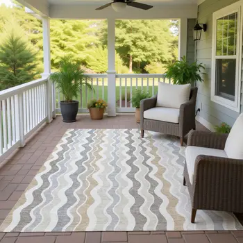 5' X 8' Ivory Khaki And Beige Striped Washable Indoor Outdoor Area Rug