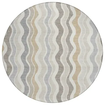 8' Ivory Khaki And Beige Round Striped Washable Indoor Outdoor Area Rug
