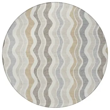 8' Ivory Khaki And Beige Round Striped Washable Indoor Outdoor Area Rug