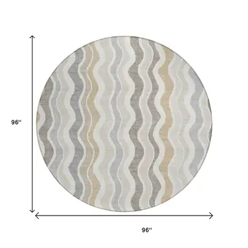 8' Ivory Khaki And Beige Round Striped Washable Indoor Outdoor Area Rug