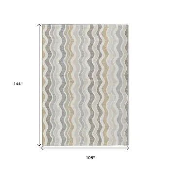 9' X 12' Ivory Khaki And Beige Striped Washable Indoor Outdoor Area Rug