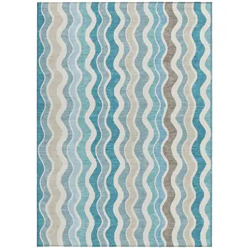 3' X 5' Teal Blue Ivory And Beige Striped Washable Indoor Outdoor Area Rug