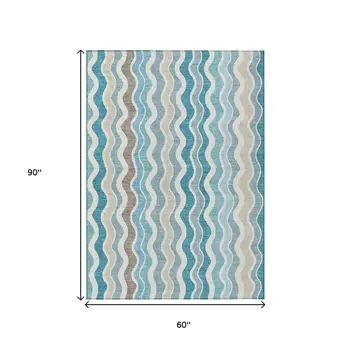 5' X 8' Teal Blue Ivory And Beige Striped Washable Indoor Outdoor Area Rug