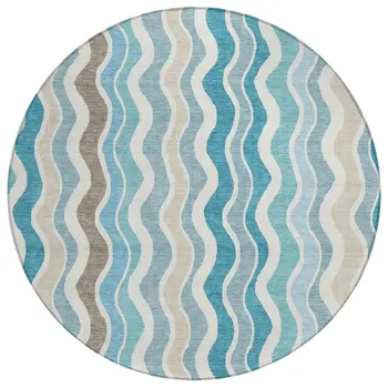 8' Teal Blue Ivory And Beige Round Striped Washable Indoor Outdoor Area Rug