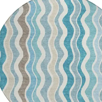 8' Teal Blue Ivory And Beige Round Striped Washable Indoor Outdoor Area Rug
