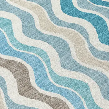 8' Teal Blue Ivory And Beige Round Striped Washable Indoor Outdoor Area Rug