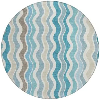 8' Teal Blue Ivory And Beige Round Striped Washable Indoor Outdoor Area Rug