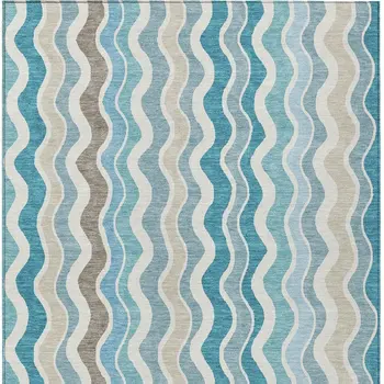 9' X 12' Teal Blue Ivory And Beige Striped Washable Indoor Outdoor Area Rug