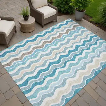 9' X 12' Teal Blue Ivory And Beige Striped Washable Indoor Outdoor Area Rug
