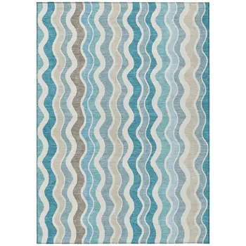 9' X 12' Teal Blue Ivory And Beige Striped Washable Indoor Outdoor Area Rug