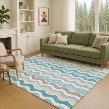 9' X 12' Teal Blue Ivory And Beige Striped Washable Indoor Outdoor Area Rug