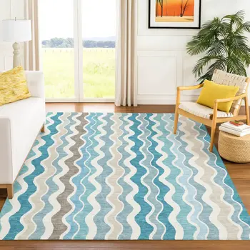 9' X 12' Teal Blue Ivory And Beige Striped Washable Indoor Outdoor Area Rug