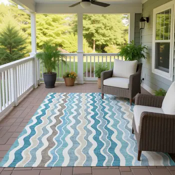 9' X 12' Teal Blue Ivory And Beige Striped Washable Indoor Outdoor Area Rug