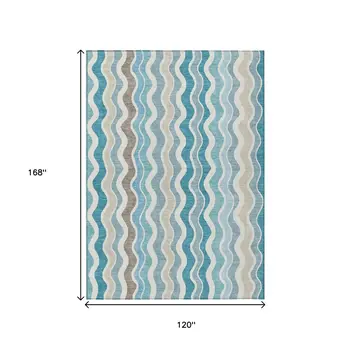 10' X 14' Teal Blue Ivory And Beige Striped Washable Indoor Outdoor Area Rug