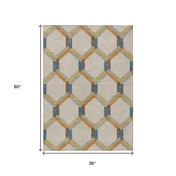 3' X 5' Beige Wheat And Blue Geometric Washable Indoor Outdoor Area Rug