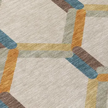 3' X 5' Beige Wheat And Blue Geometric Washable Indoor Outdoor Area Rug
