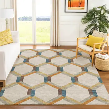 3' X 5' Beige Wheat And Blue Geometric Washable Indoor Outdoor Area Rug