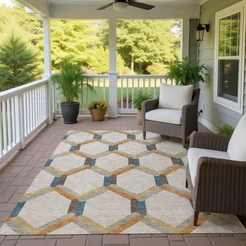 3' X 5' Beige Wheat And Blue Geometric Washable Indoor Outdoor Area Rug