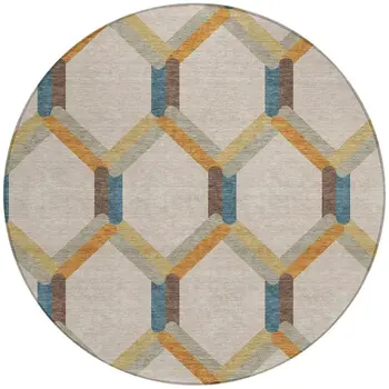 8' Beige Wheat And Blue Round Geometric Washable Indoor Outdoor Area Rug