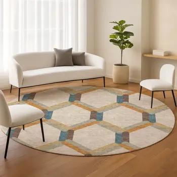 8' Beige Wheat And Blue Round Geometric Washable Indoor Outdoor Area Rug