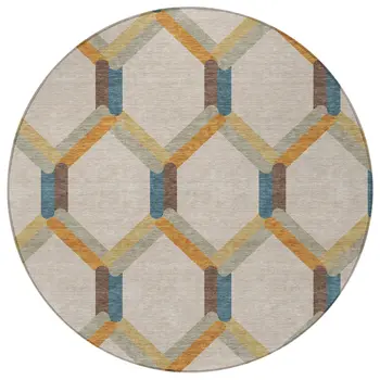 8' Beige Wheat And Blue Round Geometric Washable Indoor Outdoor Area Rug