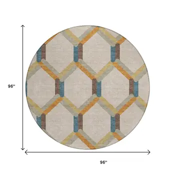 8' Beige Wheat And Blue Round Geometric Washable Indoor Outdoor Area Rug