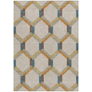 8' X 10' Beige Wheat And Blue Geometric Washable Indoor Outdoor Area Rug
