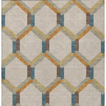 10' X 14' Beige Wheat And Blue Geometric Washable Indoor Outdoor Area Rug
