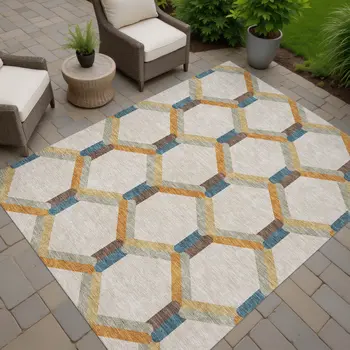 10' X 14' Beige Wheat And Blue Geometric Washable Indoor Outdoor Area Rug