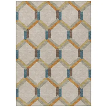 10' X 14' Beige Wheat And Blue Geometric Washable Indoor Outdoor Area Rug