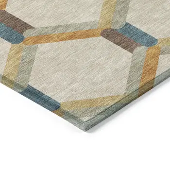 10' X 14' Beige Wheat And Blue Geometric Washable Indoor Outdoor Area Rug