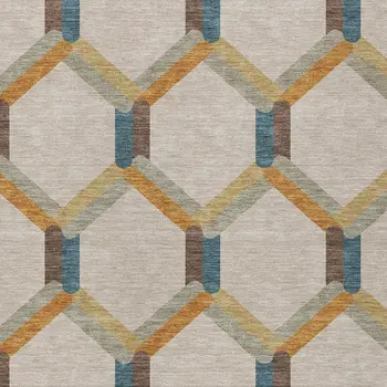 10' X 14' Beige Wheat And Blue Geometric Washable Indoor Outdoor Area Rug