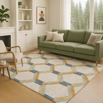 10' X 14' Beige Wheat And Blue Geometric Washable Indoor Outdoor Area Rug