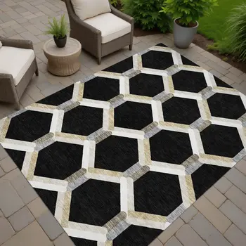 3' X 5' Black Ivory And Wheat Geometric Washable Indoor Outdoor Area Rug