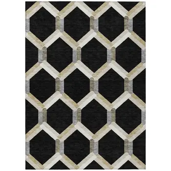 3' X 5' Black Ivory And Wheat Geometric Washable Indoor Outdoor Area Rug