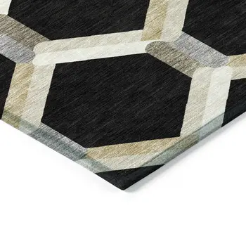 3' X 5' Black Ivory And Wheat Geometric Washable Indoor Outdoor Area Rug