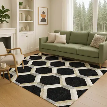 3' X 5' Black Ivory And Wheat Geometric Washable Indoor Outdoor Area Rug