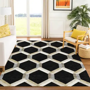 3' X 5' Black Ivory And Wheat Geometric Washable Indoor Outdoor Area Rug