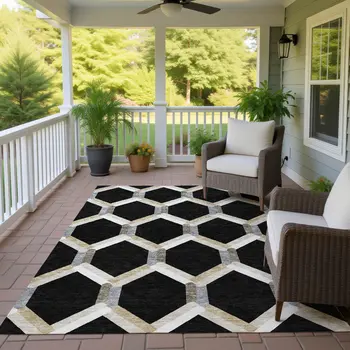 3' X 5' Black Ivory And Wheat Geometric Washable Indoor Outdoor Area Rug