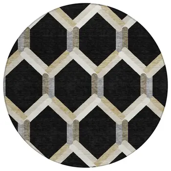 8' Black Ivory And Wheat Round Geometric Washable Indoor Outdoor Area Rug