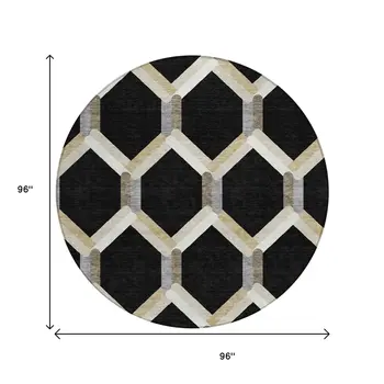 8' Black Ivory And Wheat Round Geometric Washable Indoor Outdoor Area Rug