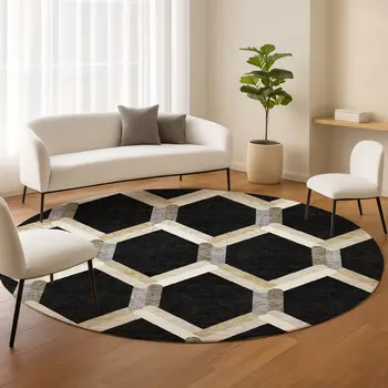 8' Black Ivory And Wheat Round Geometric Washable Indoor Outdoor Area Rug