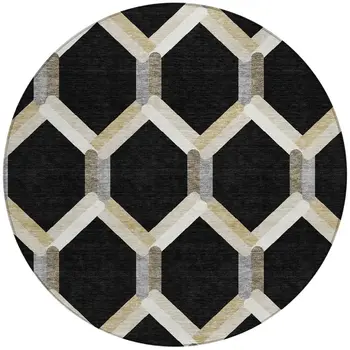 8' Black Ivory And Wheat Round Geometric Washable Indoor Outdoor Area Rug