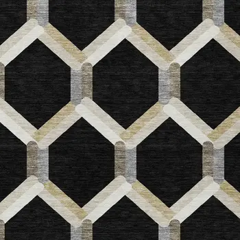 9' X 12' Black Ivory And Wheat Geometric Washable Indoor Outdoor Area Rug